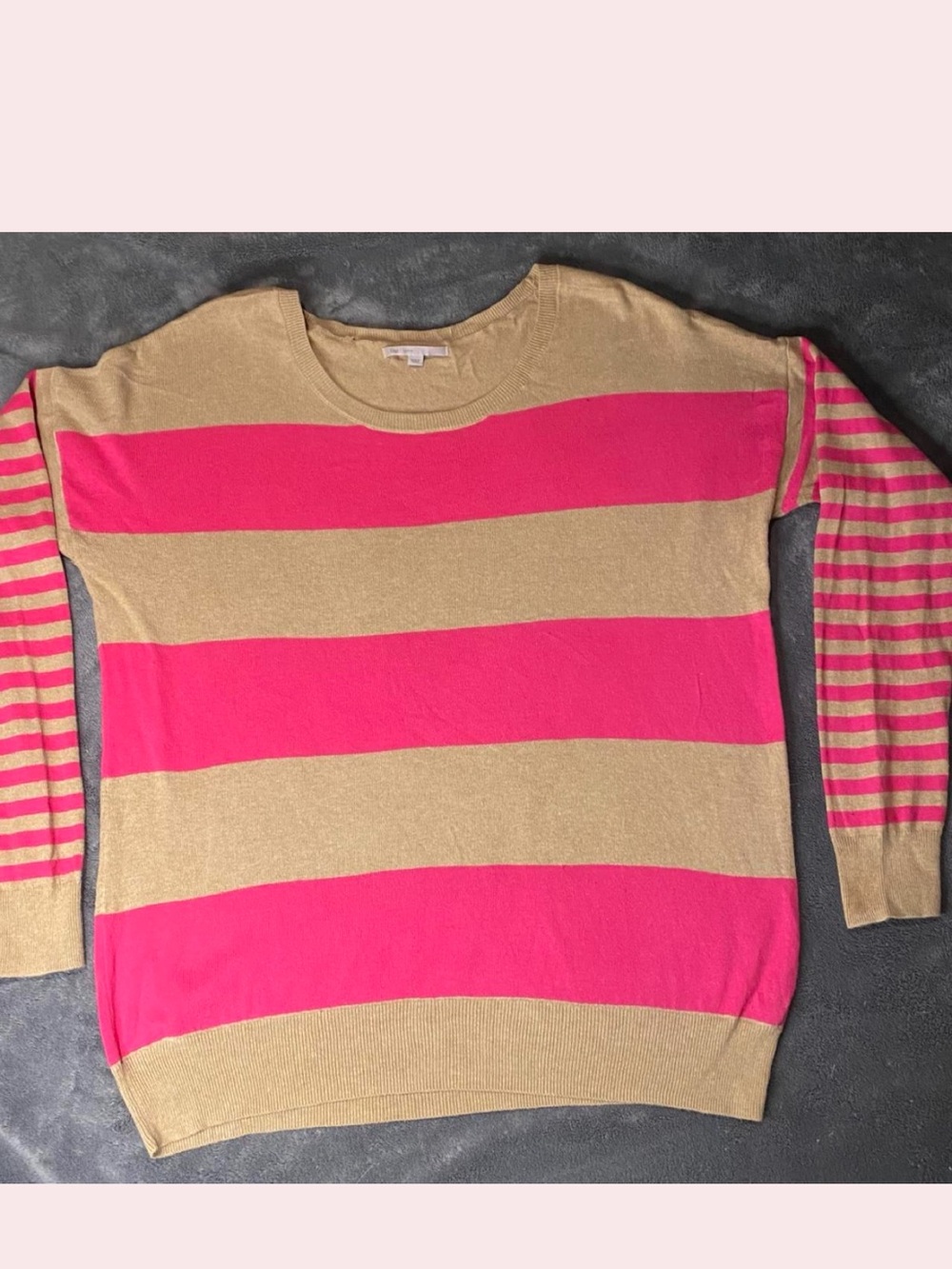 GAP Hot Pink and Tan Striped Crewneck Sweater
